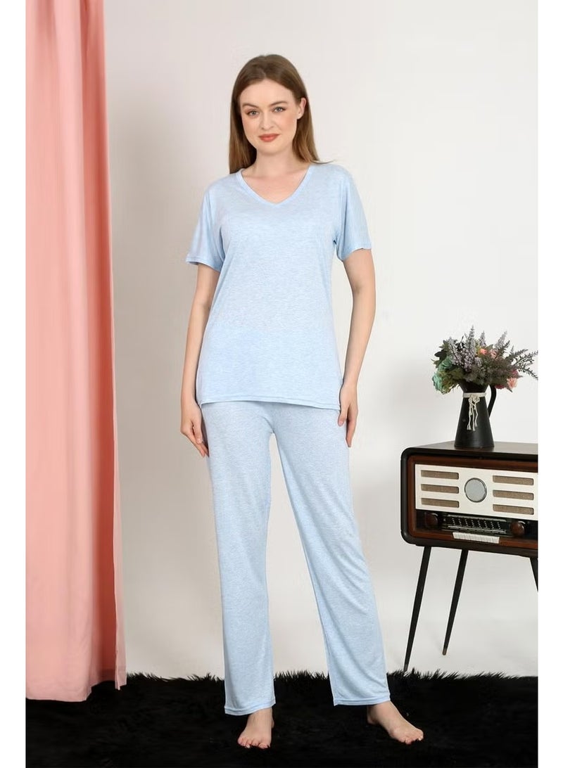 Akbeniz Women's Short Sleeve Cotton Combed Pajama Set Blue 4213 - Image 3